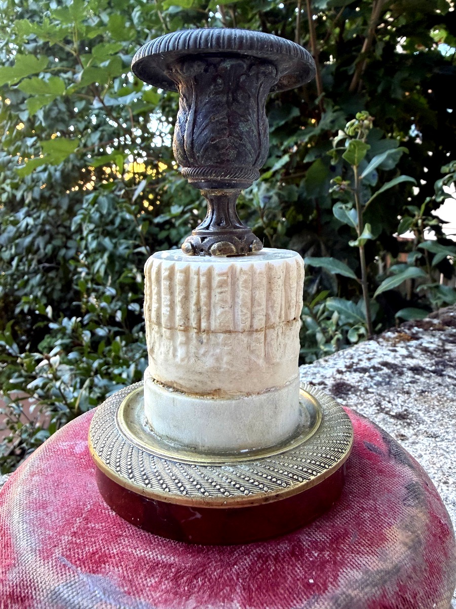 Low Desk Candlestick In Bronze And Carved Marble, Charles X Style, With A Truncated Column, Early 19th Century