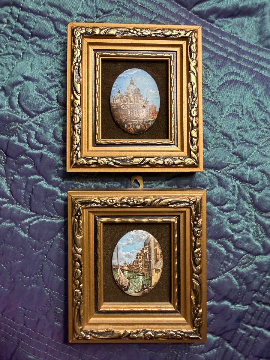 Pair Of Miniature Frames With Oval Enameled Copper Panels Depicting Delicate Views Of Venice From The Early 20th Century-photo-4