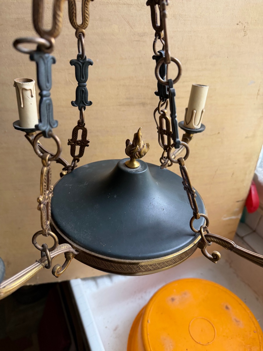 Elegant Four-light Chandelier, Patinated Bronze Suspension Fixture, Gilded In The First Empire Neoclassical Style-photo-6