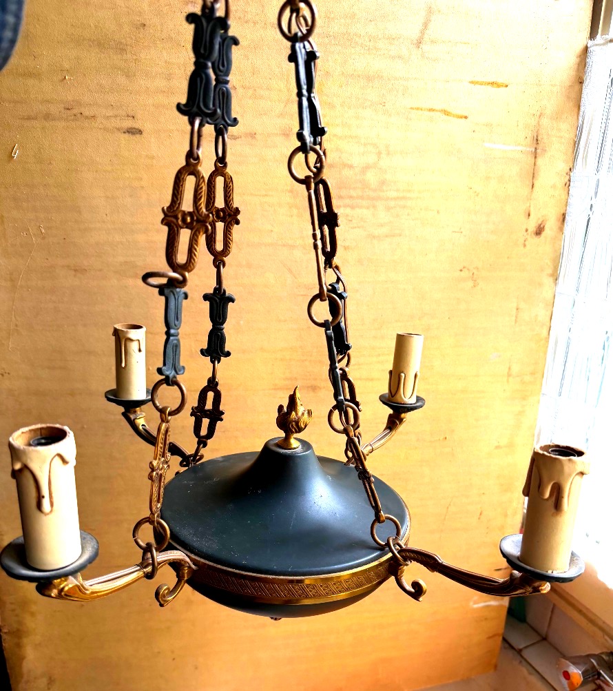Elegant Four-light Chandelier, Patinated Bronze Suspension Fixture, Gilded In The First Empire Neoclassical Style