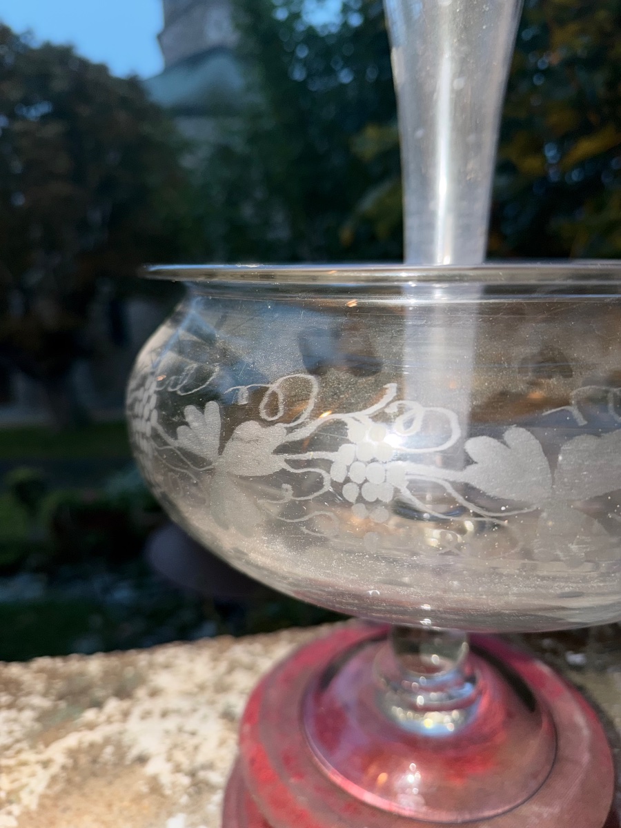 Original Large "bouquetière" Centerpiece Aquarium, Made Of Engraved Louis Philippe-style Blown Glass-photo-3