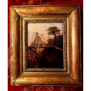 Romantic Painting On Wood Framed XIXth Time In The Image Of A Rider Guided On A Bridge