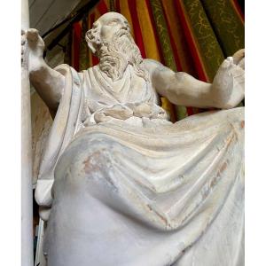 Grande Statue Bois Sculpté 18ème De Moïse Assis  Tenant  En  Main Droite Son Bâton De Pèlerin 