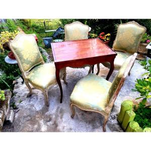 Beautiful Set Of A Tric-trac Table And Four Matching Upholstered Chairs, Louis XV Period