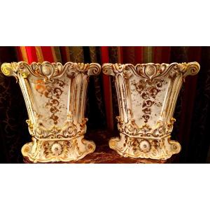 Pair Of Generous White Porcelain Vases From Paris, Gilded With Gold, Louis Phil Period.