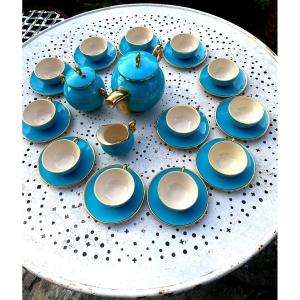Tea Service From The 1950s, In Very Thick Earthenware, Luminous Turquoise, Bright Gold, 12 Cups