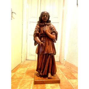 Statue En Chêne : Saint Jean De Grande Taille, 17ème, En Chêne Sculpté Blond Debout En Bon état