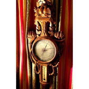 Rare And Beautiful Louis XVI Gilded Wood Barometer Richly Ornamented Barni Joli In Paris. Carcano