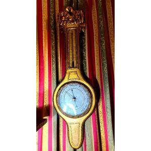 Beautiful And Large Barometer In Golden Wood Late 18th Century Signed Canduries Rue De Bervi Faub. St Antoine