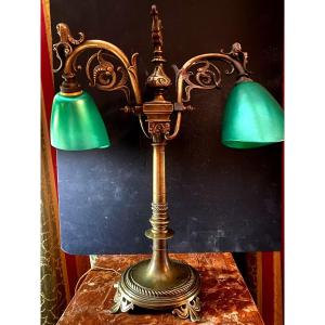 Rare And Beautiful Double Bronze Study Lamp In Egyptian Style From Large Library Period 19th