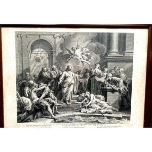  Beautiful Baroque Engraving "jesus Heals Near The Swimming Pool" After J. Restout Engraved J. Tardieu.