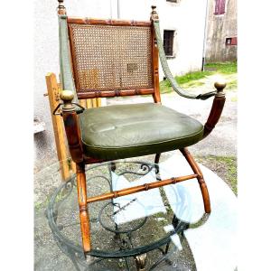 Rare Beautiful Officer's Office Armchair "maison Jansen", In Beech Cane Back Leather Seat