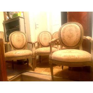 Rare Suite Of 4 Louis XVI Armchairs Stamped Delaunay Original Point De Beauvais Tapestry