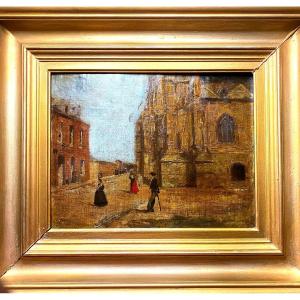 Oil On Impressionist Canvas Framed "animated Street, The Exit Of The Church", Northern School 19th
