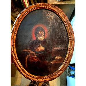 Oval Portrait Of A Saint In Prayer "charitas" Southern School Haloed Head Oil Marouflaged 18th
