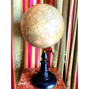 Beautiful Terrestrial Globe On Its Black Lacquered Wooden Foot Forest Edition 17rue De Buci Paris Th. XIX