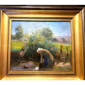Framed Impressionist Oil, 19th Century "the Washerwoman At The Stream In A Country Landscape.