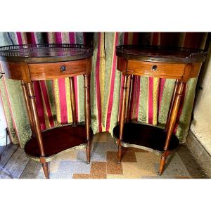 Pair Of Oval Tables In Mahogany And Double Gallery Veneer, Brèche Du Tholonet Marble Top.