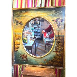  Grand Miroir De Boiserie Trumeau Peint à Motif De Canards avec Tain Ovale Des Années 50/60