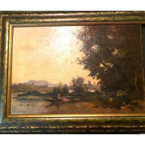 Landscape With The Pond And The Romantic Woman On A Boat Under The Foliage Signed E. Renault