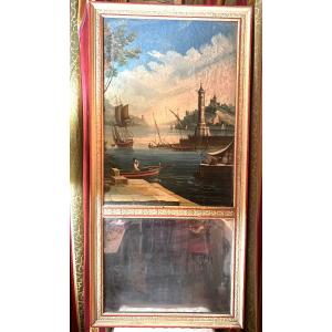 Very Beautiful Trumeau From The Charles X Period, Beautiful Ornamented Woodwork, Lively Port Scene Italy