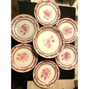  Beautiful Porcelain Set Of A Compotier + 6 Chinese Style Plates Pink Lotus Flowers 18th