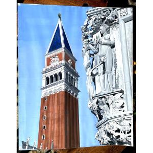 The Belfry Of Saint Mark's Square And Cathedral In Venice By J. Capo, Large Gouache 50