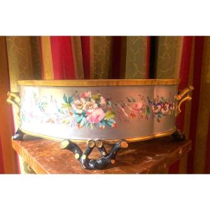 Large Beautiful 19th Century Table Planter, In Flowered Silver Porcelain, Black And Gold Bamboo Feet