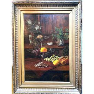 Large And Beautiful Still Life With Fruit Cups From Period N. III, Well Framed