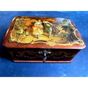 Beautiful Jewelry Box Lockable With Rectangular Key, Boiled Cardboard, Decor Of A Gallant Scene