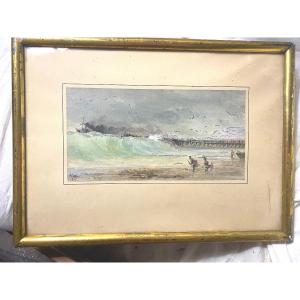 Belle Aquarelle Impressionniste  Animée Encadrée "tempête Sur La Jetée" Signée H. Gobin . 1875.