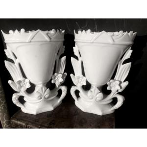 Important Pair Of White Porcelain Vases, Said To Be Marriage Vases, Of Good Size, Early 20th Century