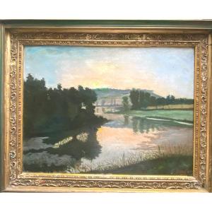 Huil/toile : "Coucher de Soleil sur la Rivière" , peinture Impressionniste de J. Rouch , fin 19