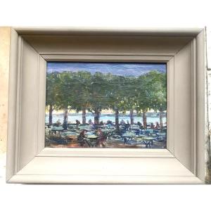  Charming Impressionist Canvas: The Guinguette On The Banks Of The River Under The Shade H/t19th