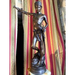 Large Patinated Bronze: David Defeating Goliath From The First Part Of The 20th Century, After Mercier 