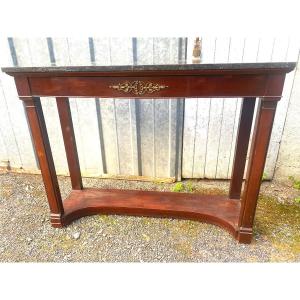 Belle console en acajou , style Directoire plateau marbre porphyre gris 2 tiroirs entretoise19è