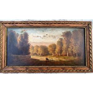 Charmante fine petite  peinture /panneau encadrée" le Cavalier dans l'allée du Château"Fin 18èm
