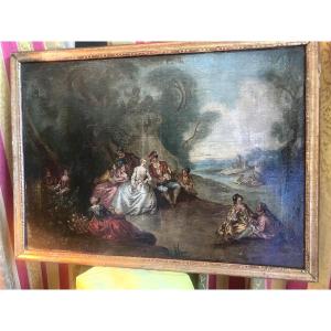 Large Gallant Scene In A Park In The Style Of Watteau Oil/canvas Framed Stretcher, 18th Century