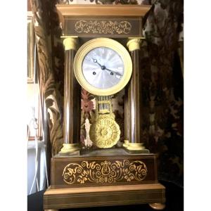 Beautiful Portico Clock With Marquetry Column, Charles X, Silver Dial, Lemon Tree And Rosewood