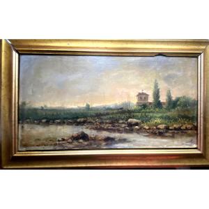 Paysage encadré d'une fin de journée en Espagne du monastère non loin d'une rivière signé 19ème