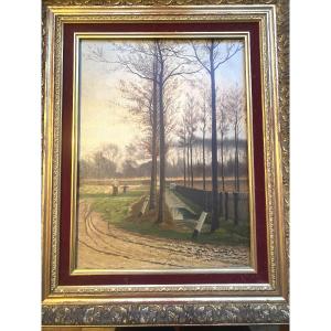 Barbizon School Peasant Woman Walking A Child In The Canal Opening, Oil On Panel, 19th Century