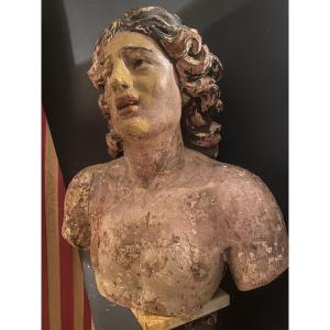 Importante tête de Saint Sébastien en tilleul sculpté polychromé d'époque Baroque Louis XIV Fr.