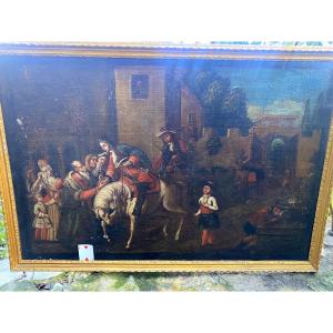 Le jeune Louis XIV  à cheval accueilli par de Doyen du Village devant la foule émue