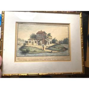 Charmant dessin encad. au lavis début 19ème Vue prise en Languedoc sur les bords de la Garonne 