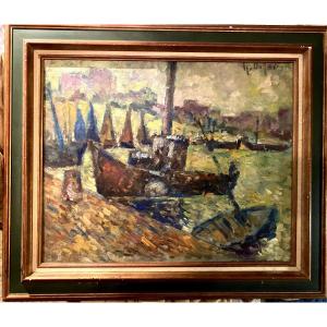 Large Framed Oil Painting On Panel Depicting A Steamship In A Port With Sailboats, 50/60