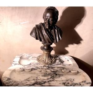 Trinket Tray: White Baroque Marble Veined With Grey, With A Bronze Bust Of Voltaire, Barbedienne, 19th Century