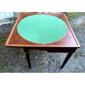 Table à jeux Louis Philippe  pliante acajou piètement a pieds cannelé coulissant plateau feutre
