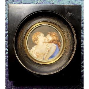  Passionate Kiss, Miniature On Ivory, 19th Century, Framed In The Gallant Style Of The 18th Century