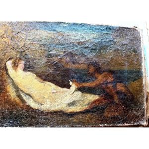 Pochade préparatoire Baroque XVIII ème Satyre découvrant une nymphe allongée dans la nature H/t