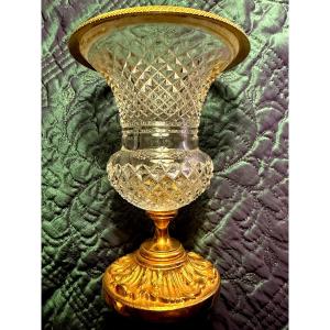 Charming Medici Crater Vase, Pineapple-cut Crystal, With A Gilt Bronze Rim, High Quality, 1960s